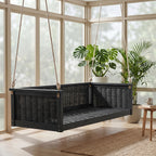 Outdoor Twin Swing Bed with Acacia Wood Frame & Rattan Weave – Black