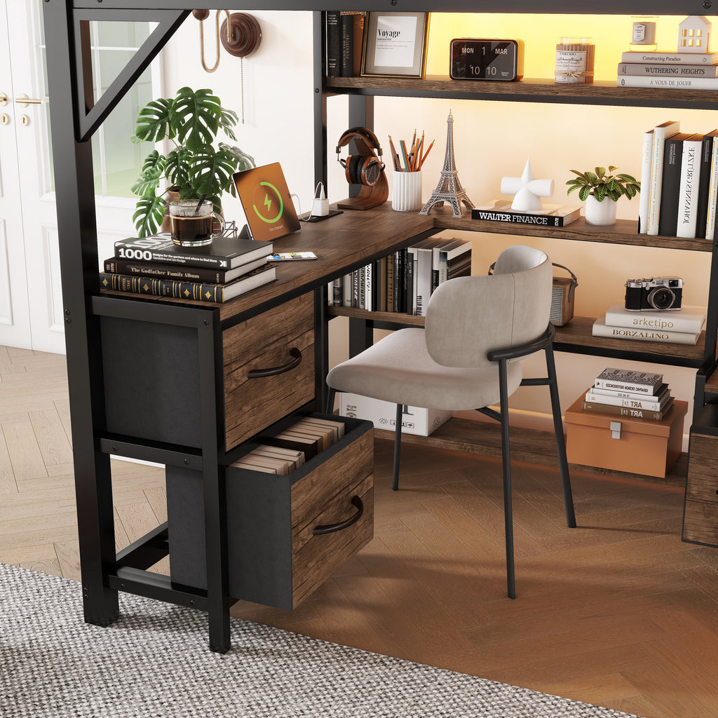 Full Size Metal Loft Bed with Desk, LED Light & Storage Shelves