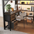 Full Size Metal Loft Bed with Desk, LED Light & Storage Shelves