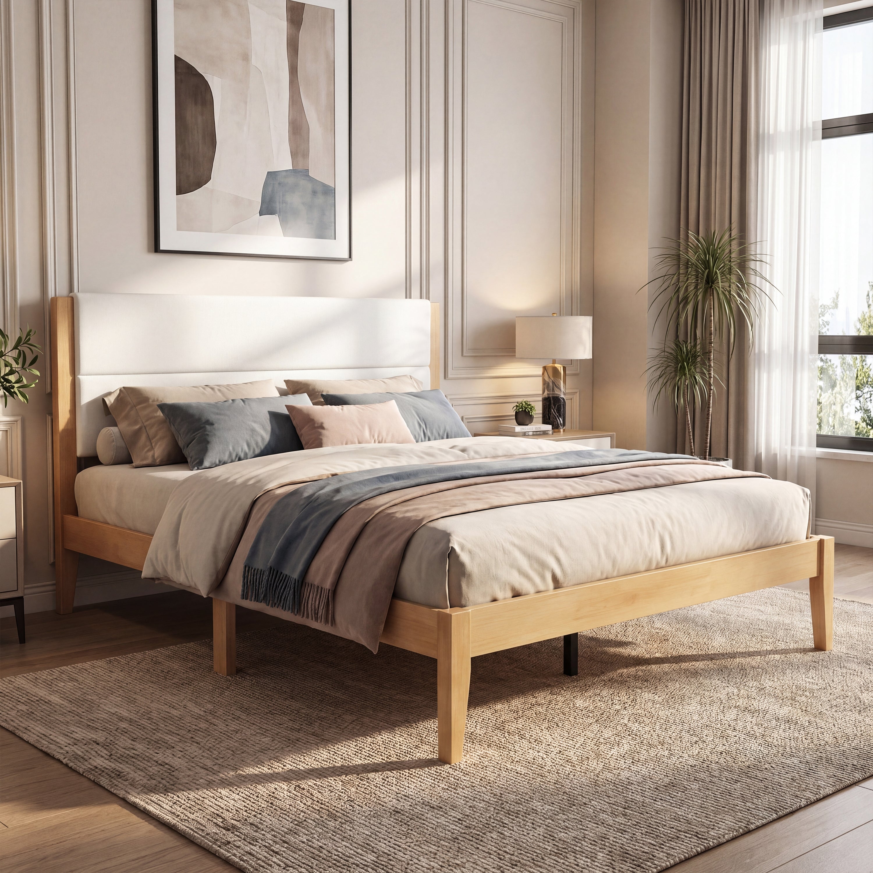 Mid-Century Modern King Platform Bed Frame with Upholstered Headboard, No Box Spring Needed Main image