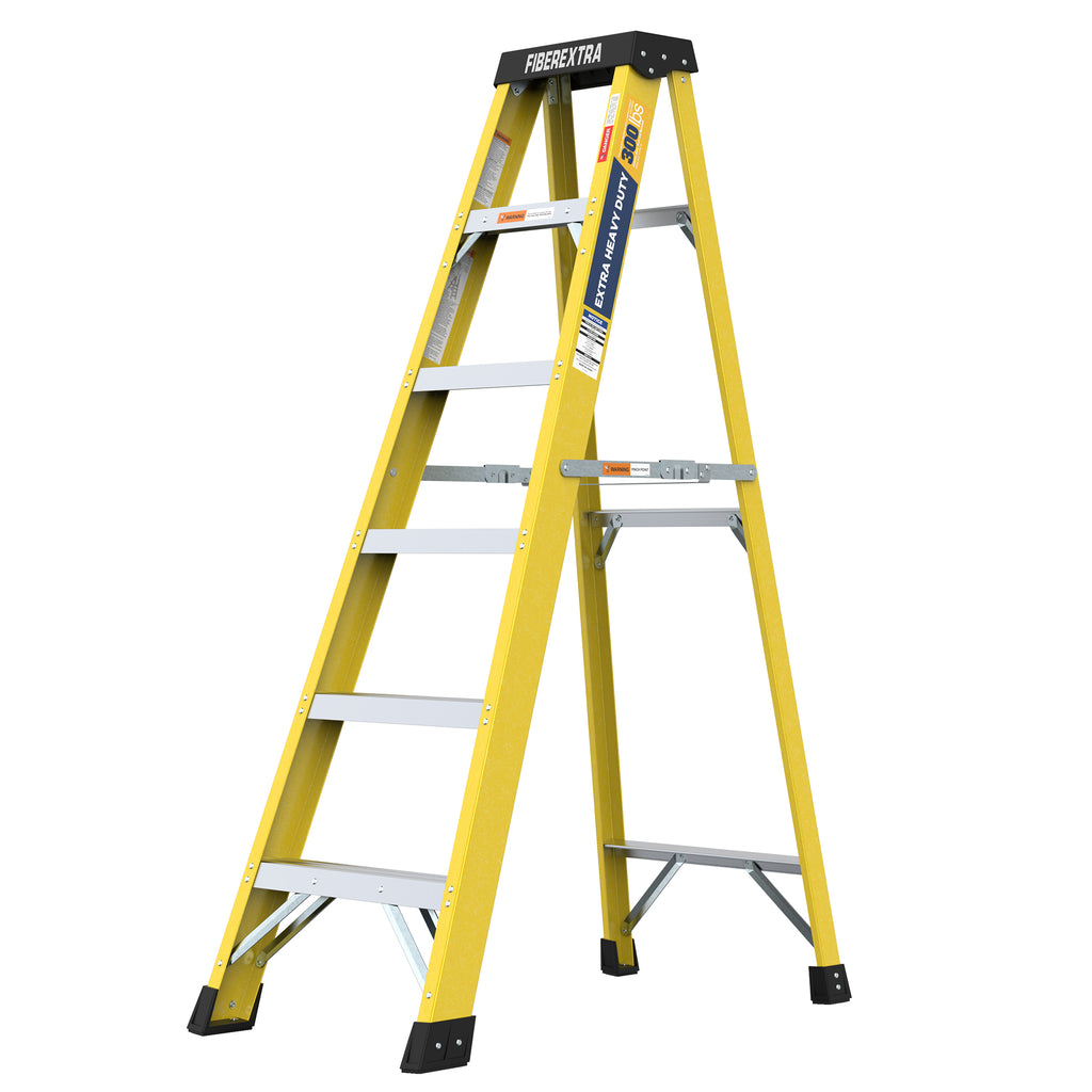 Front view of a bright yellow 6-step fiberglass step ladder standing upright on a flat surface