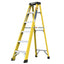 Front view of a bright yellow 6-step fiberglass step ladder standing upright on a flat surface