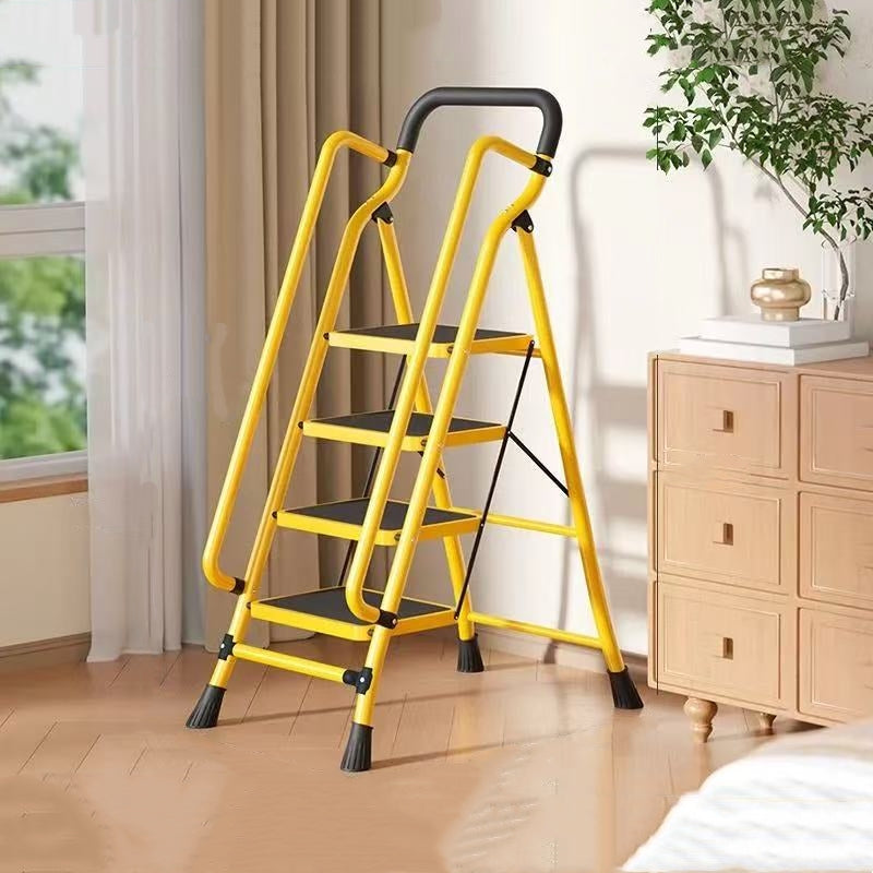 Front view of yellow 4-step folding ladder with handrails and wide pedals