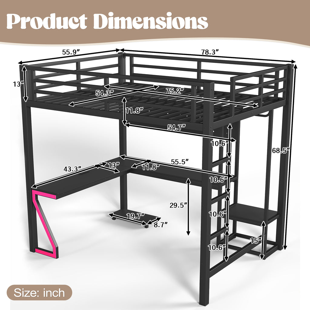 Full Metal Loft Bed with L-Shaped Desk, USB Ports, Peg Board & Z-Lights – Black