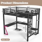 Full Metal Loft Bed with L-Shaped Desk, USB Ports, Peg Board & Z-Lights – Black