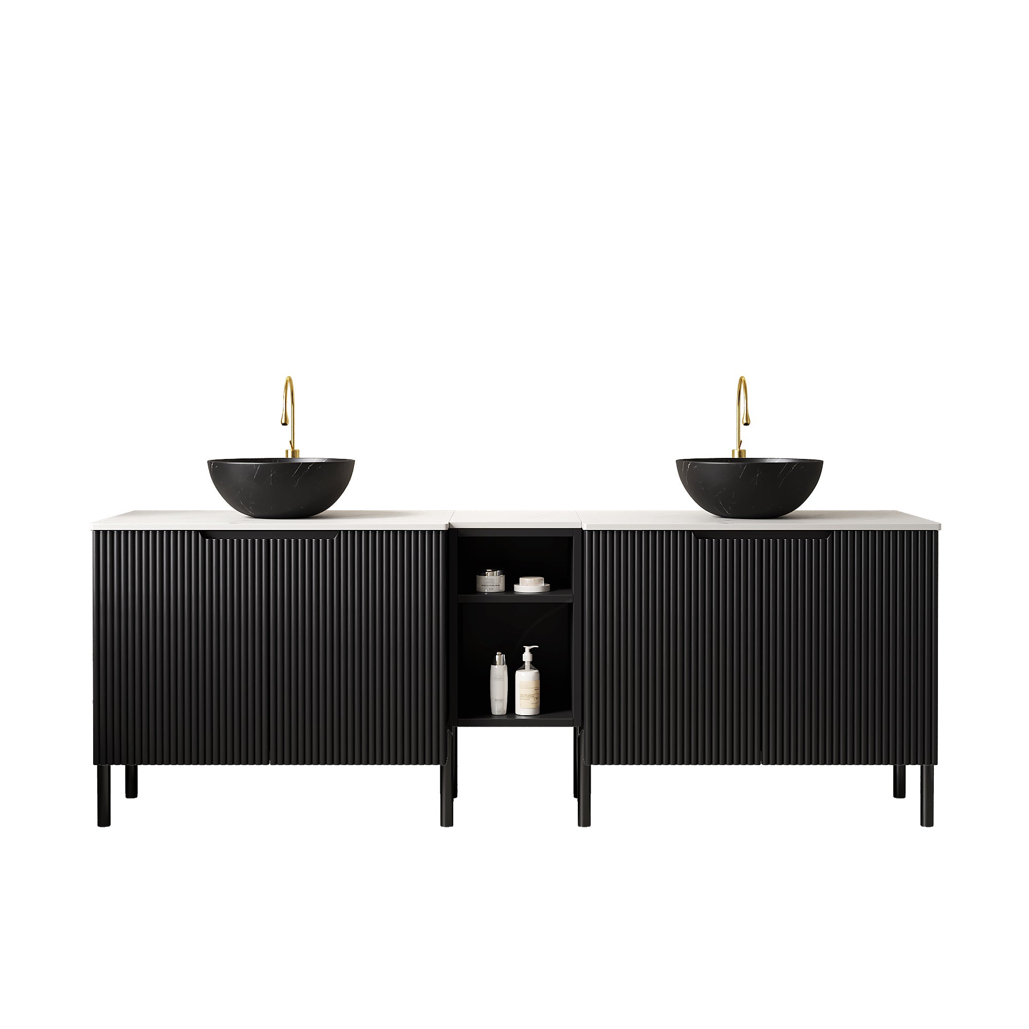 Top-down view highlighting Carrara white countertop and black ceramic vessel sinks
