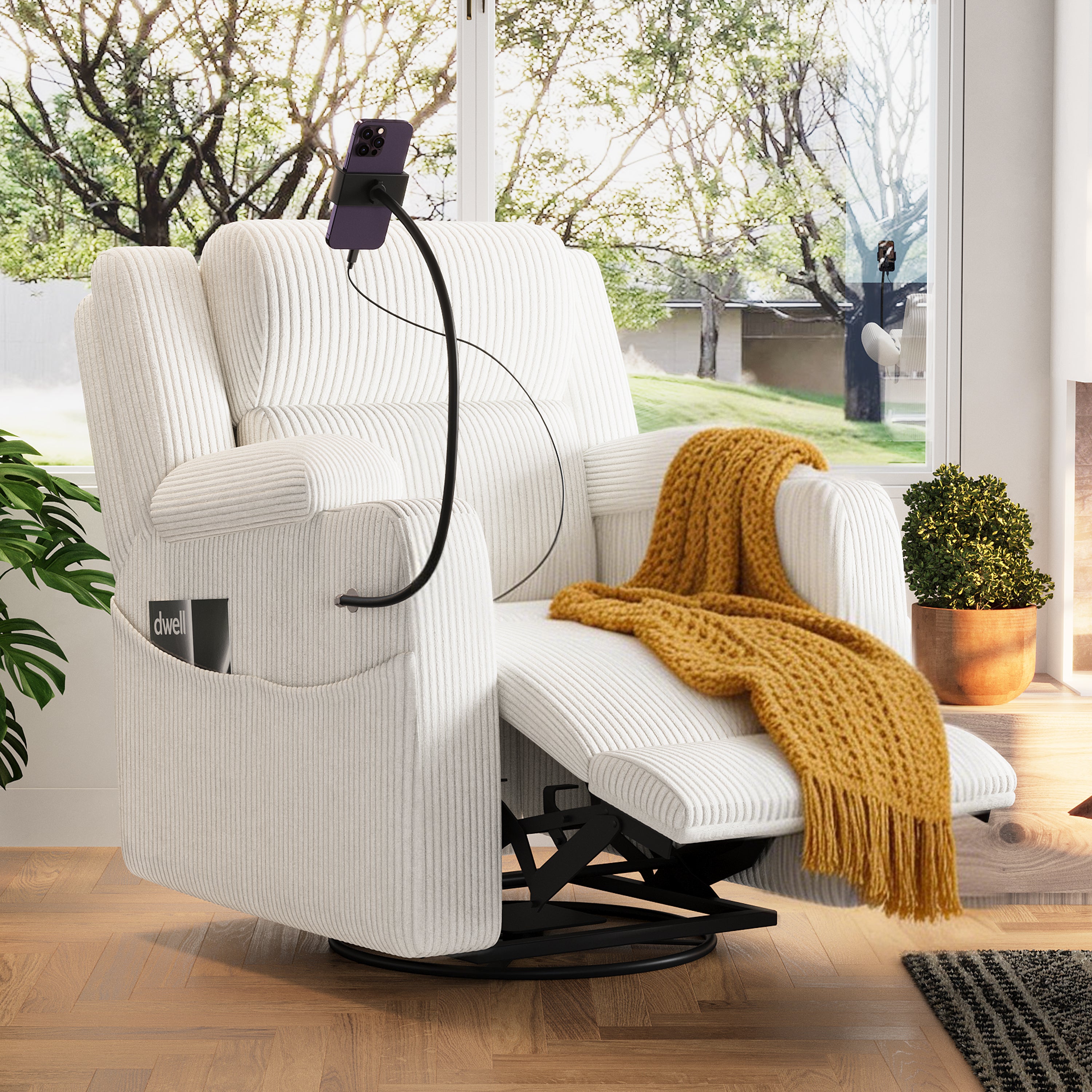 Electric Power Recliner Chair with Heat & Massage, 270° Swivel Rocker in Beige Corduroy Secondary image