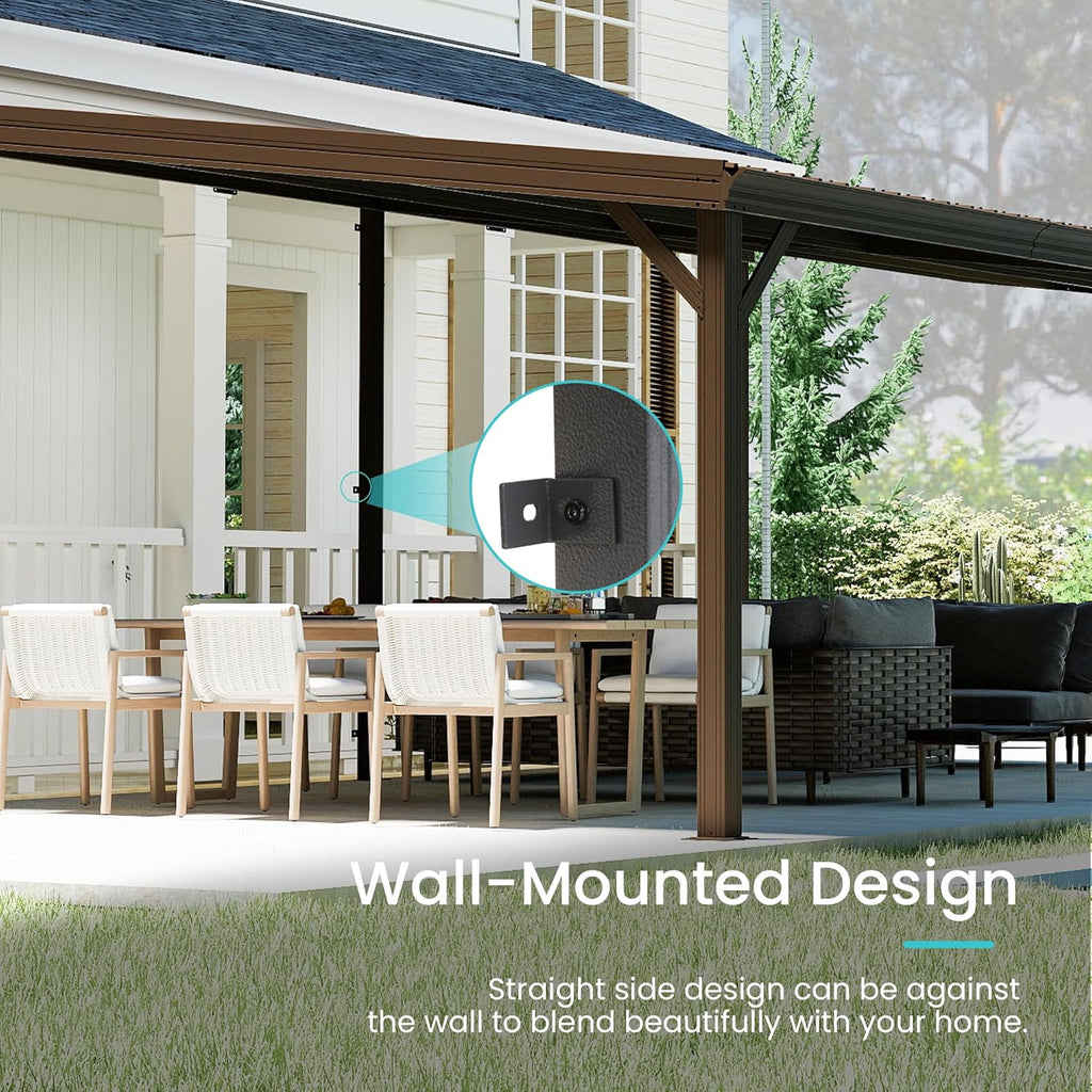 12 ft x 20 ft Wall-Mounted Lean-To Gazebo with Galvanized Steel Roof – Brown