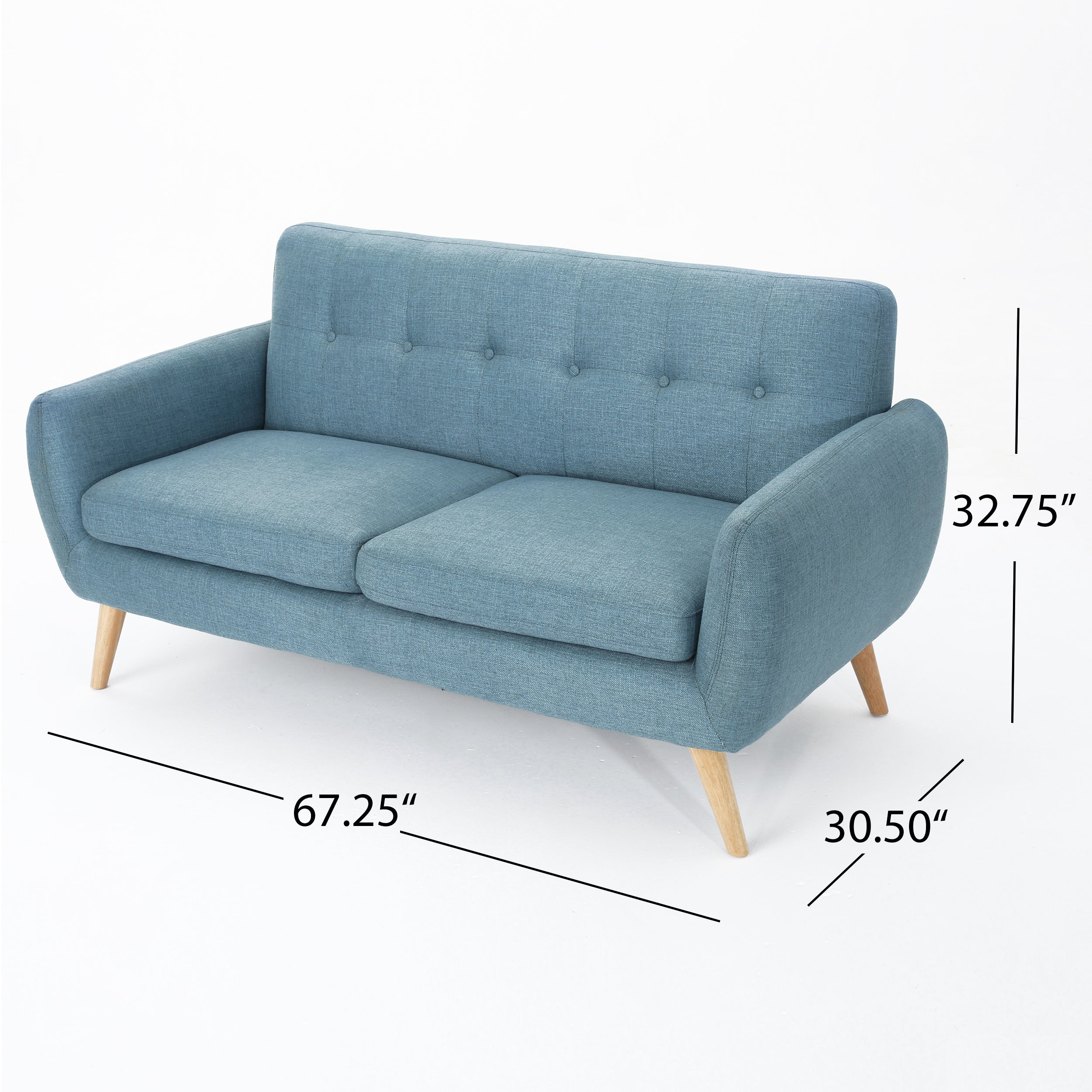 67.25" Blue Fabric Button-Tufted Loveseat with Waffle Stitch & Tapered Wood Legs