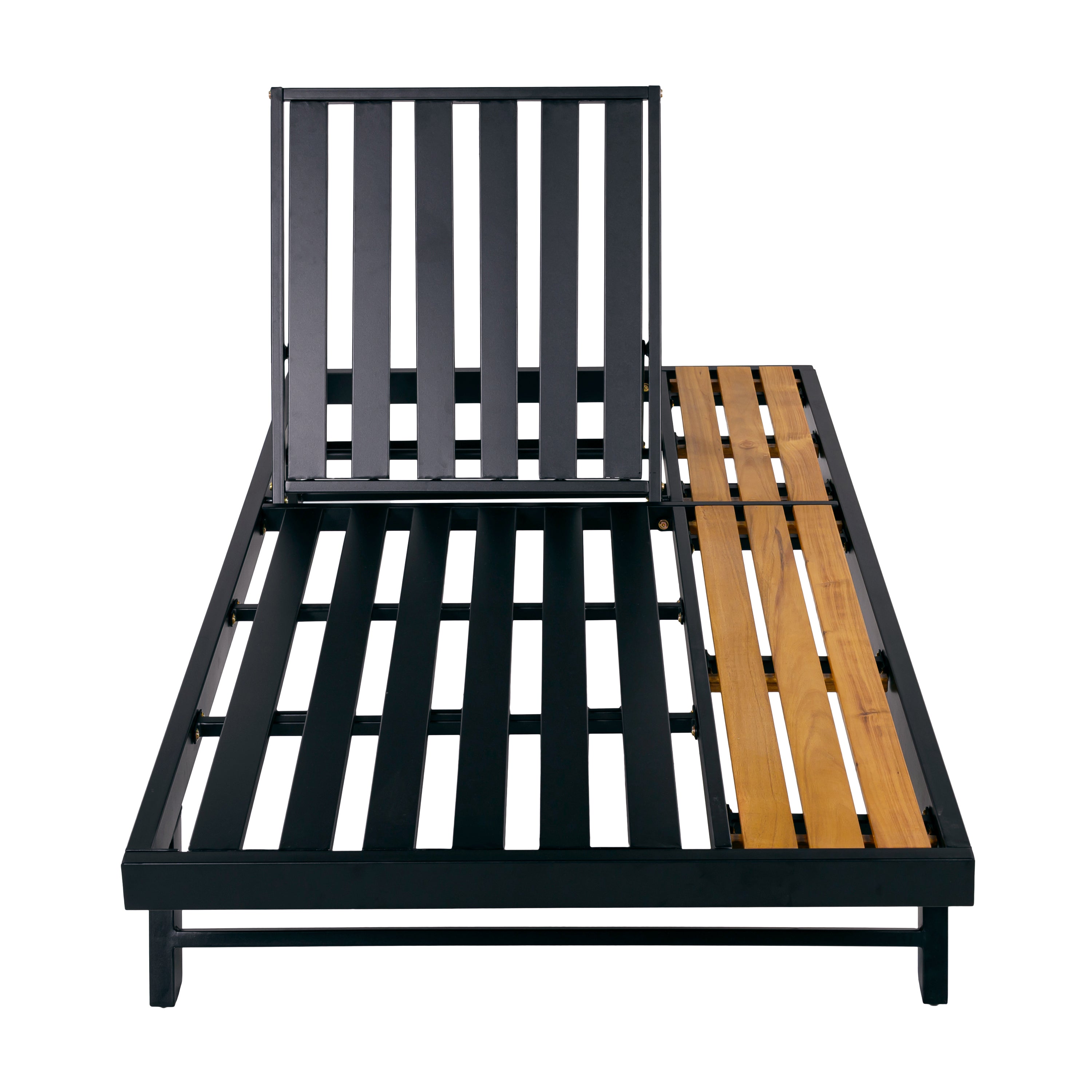 Black Iron and Teak-Finish Acacia Wood Outdoor Chaise Lounge Frame with Adjustable Backrest and Storage Surface