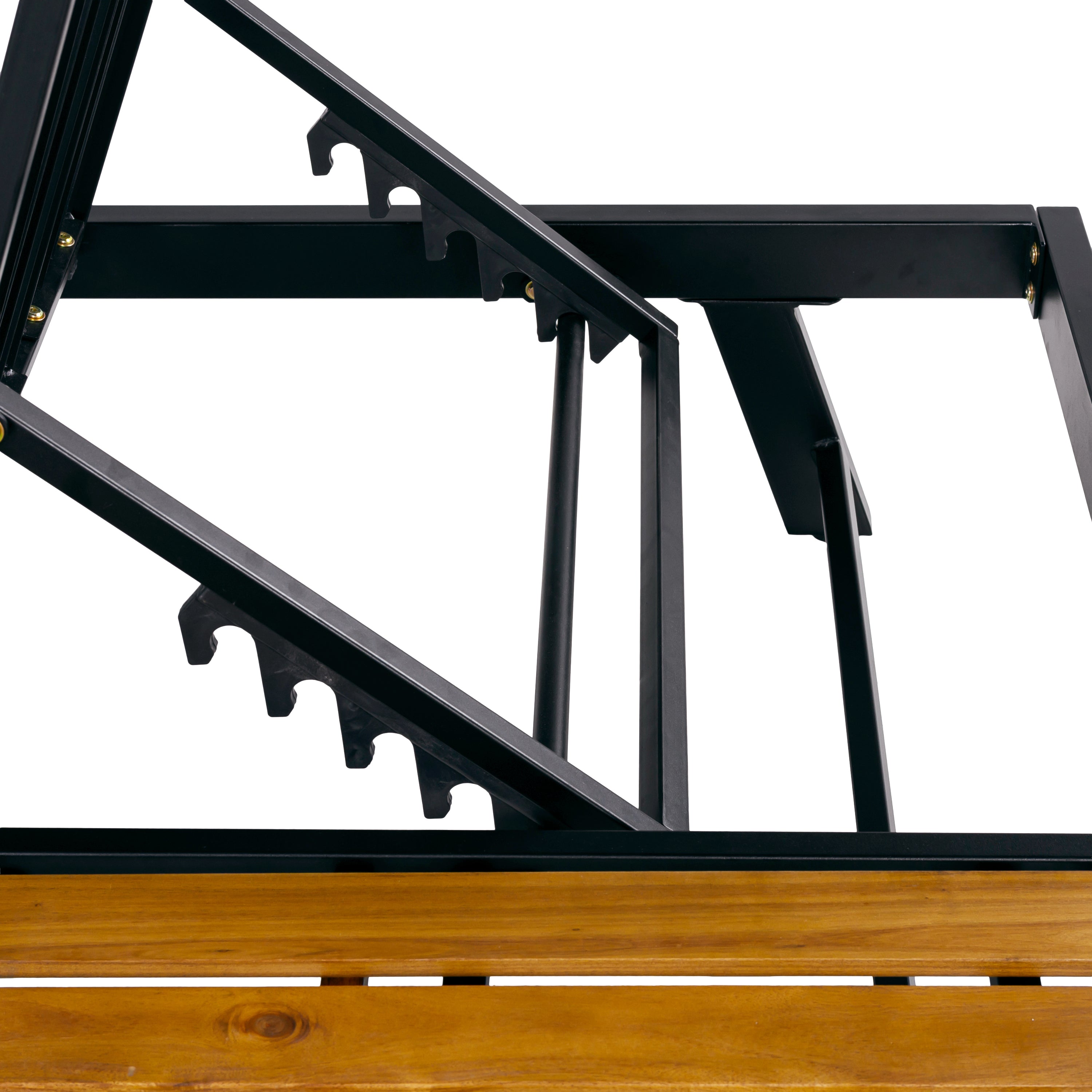 Black Iron and Teak-Finish Acacia Wood Outdoor Chaise Lounge Frame with Adjustable Backrest and Storage Surface