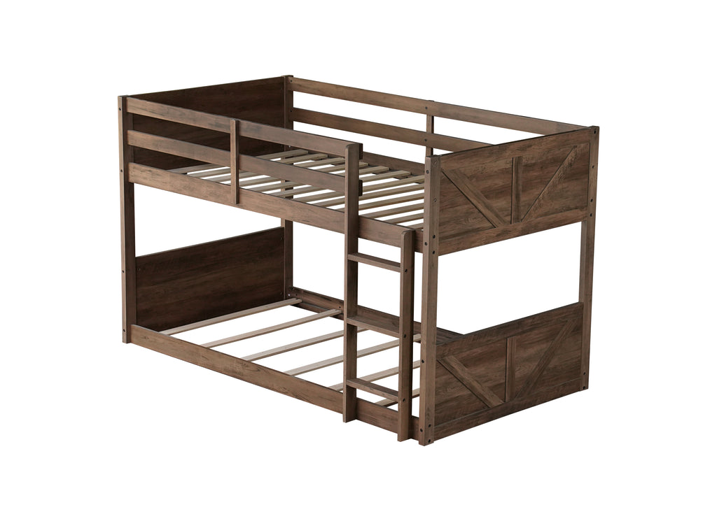 Twin Over Twin Floor Bunk Bed in Antique Oak – Solid Rubber Wood, Built-in Ladder & Safety Guardrails