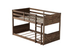 Twin Over Twin Floor Bunk Bed in Antique Oak – Solid Rubber Wood, Built-in Ladder & Safety Guardrails