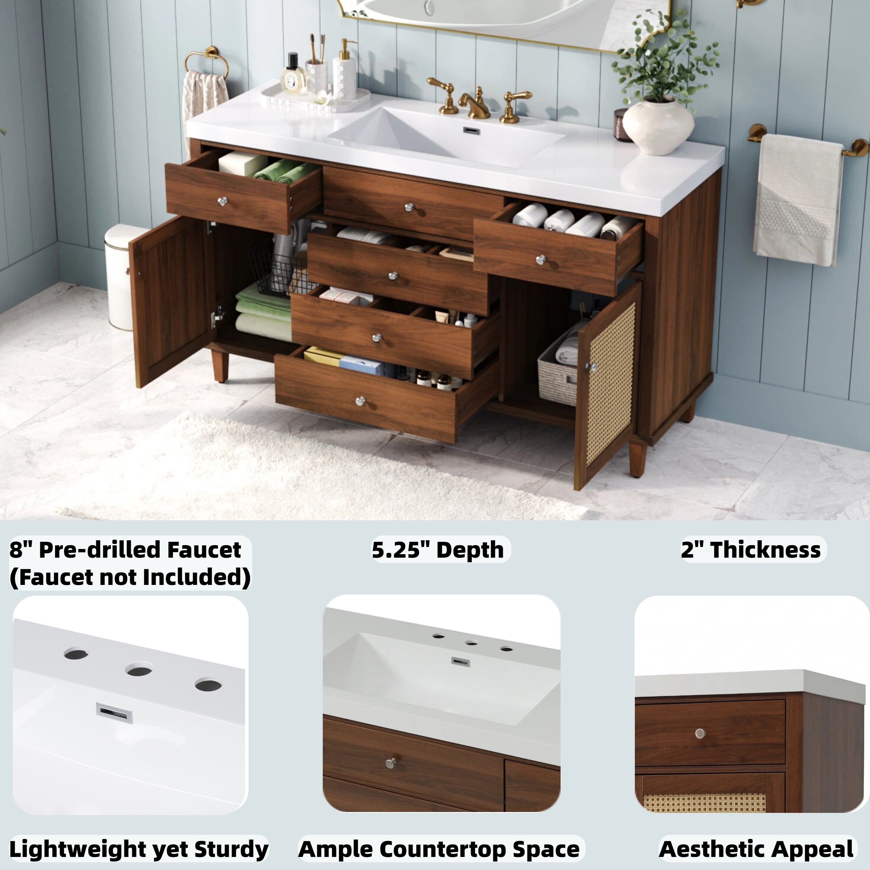 60" Modern Bathroom Vanity with SMC Sink, Soft-Close Drawers & Rattan Doors