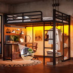 Front view of a black full-size metal loft bed with built-in desk, shelves, hanging rod, and cave board design