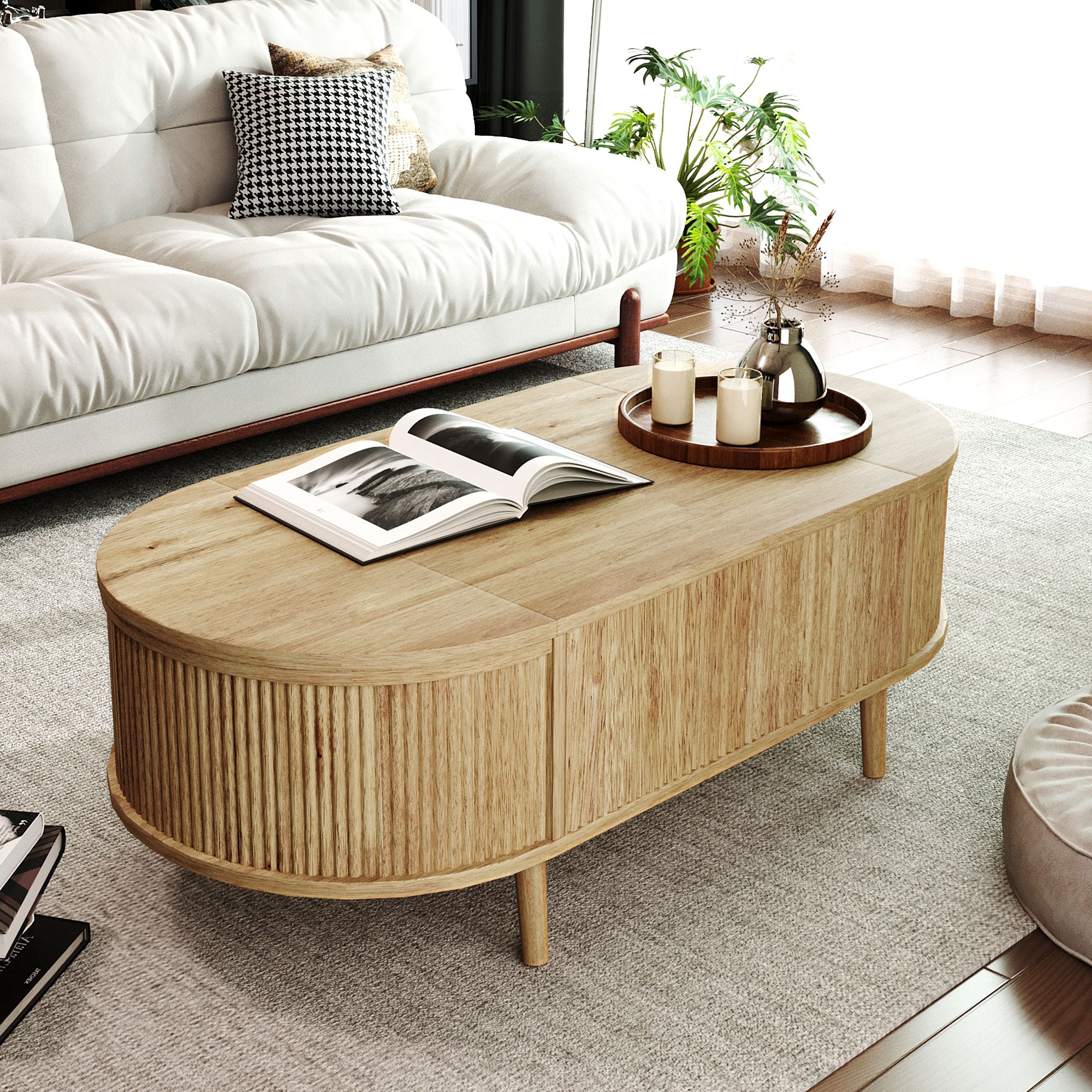 Coffee table with top lifted to reveal hidden storage compartment