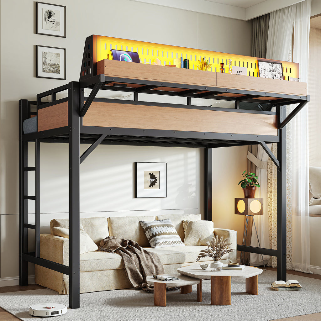 Front view of assembled Twin XL metal loft bed showing staircase, guardrails, storage shelves, and pegboard