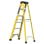Folded ladder showing compact profile and yellow fiberglass construction