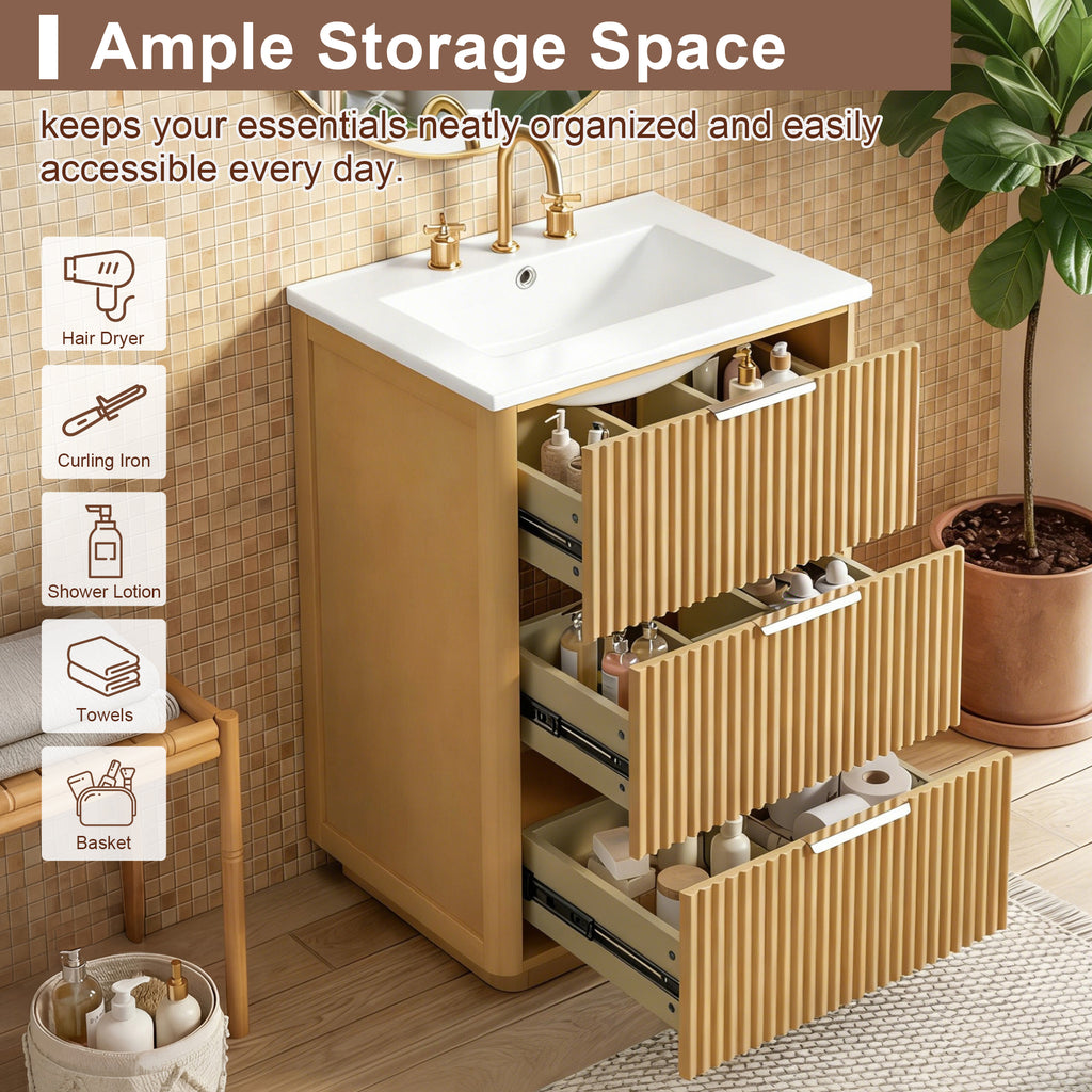 24-inch Modern Bathroom Vanity with Ceramic Sink and Wood Cabinet