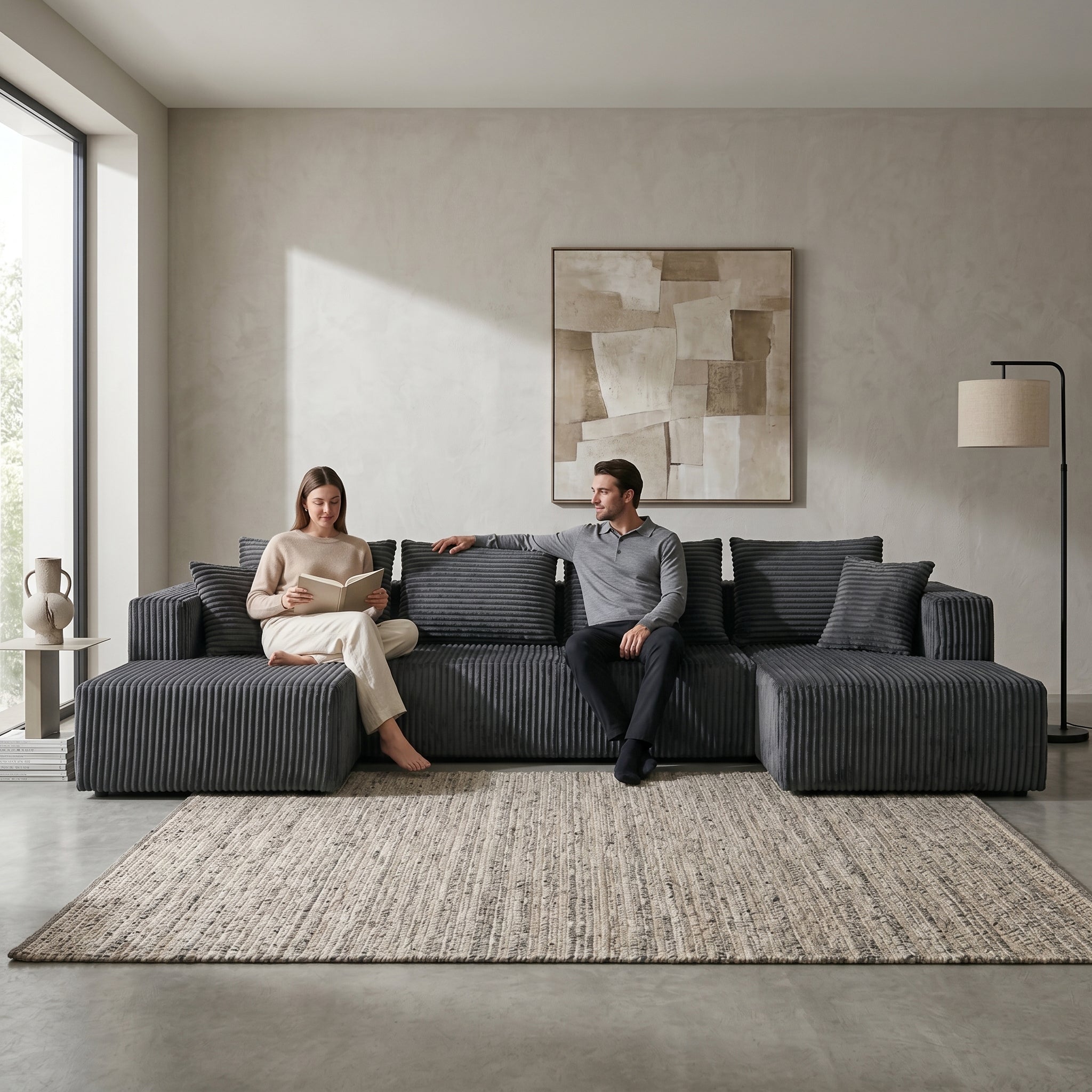 U-Shaped Corduroy Sectional Sofa with Double Chaise – Gray, 132" Deep Seat - product detail image 8