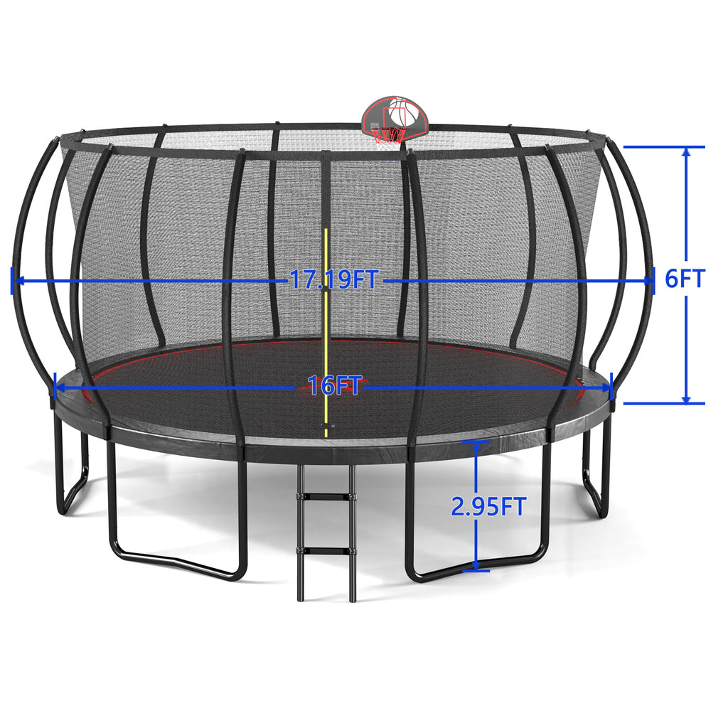 16-Foot Outdoor Trampoline with Safety Enclosure, Basketball Hoop & Ladder – Black and Red