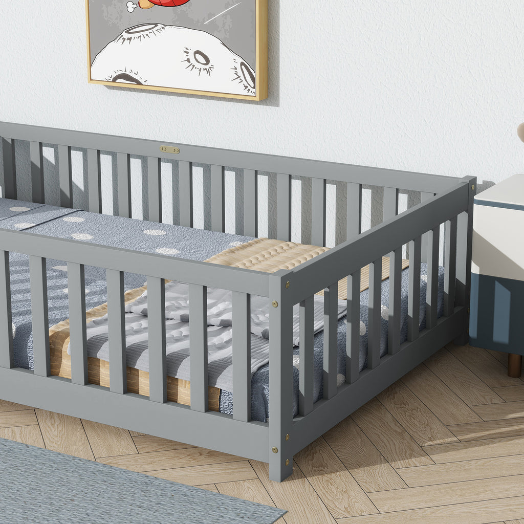 Twin Rubber Wood Floor Bed with Safety Guardrails, Grey