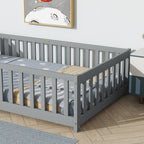 Twin Rubber Wood Floor Bed with Safety Guardrails, Grey