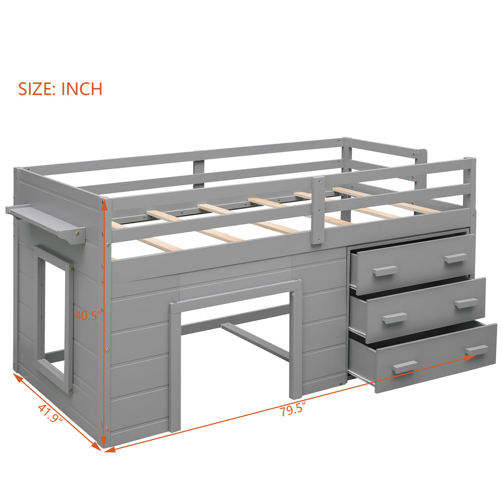 Twin Loft Bed with Storage Drawers, Shelf, and Cabinet – Gray