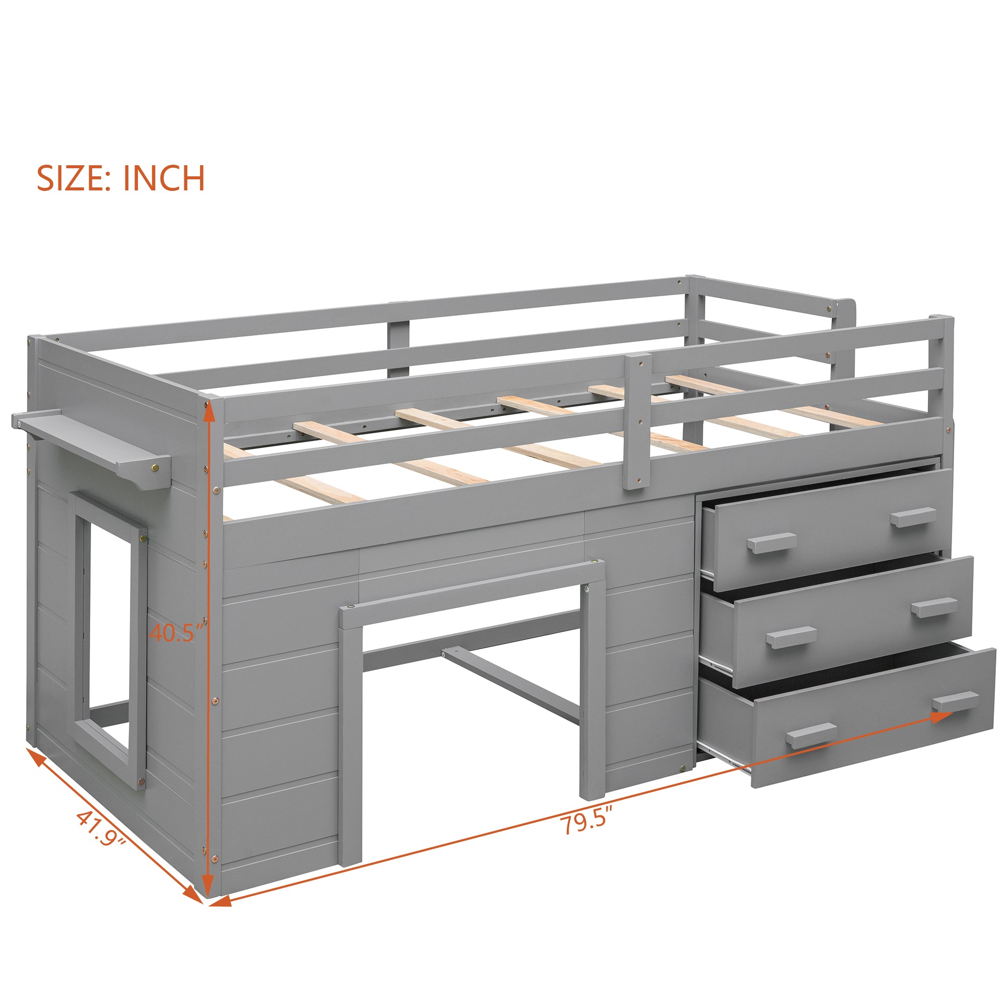 Twin Loft Bed with Storage Drawers, Shelf, and Cabinet – Gray