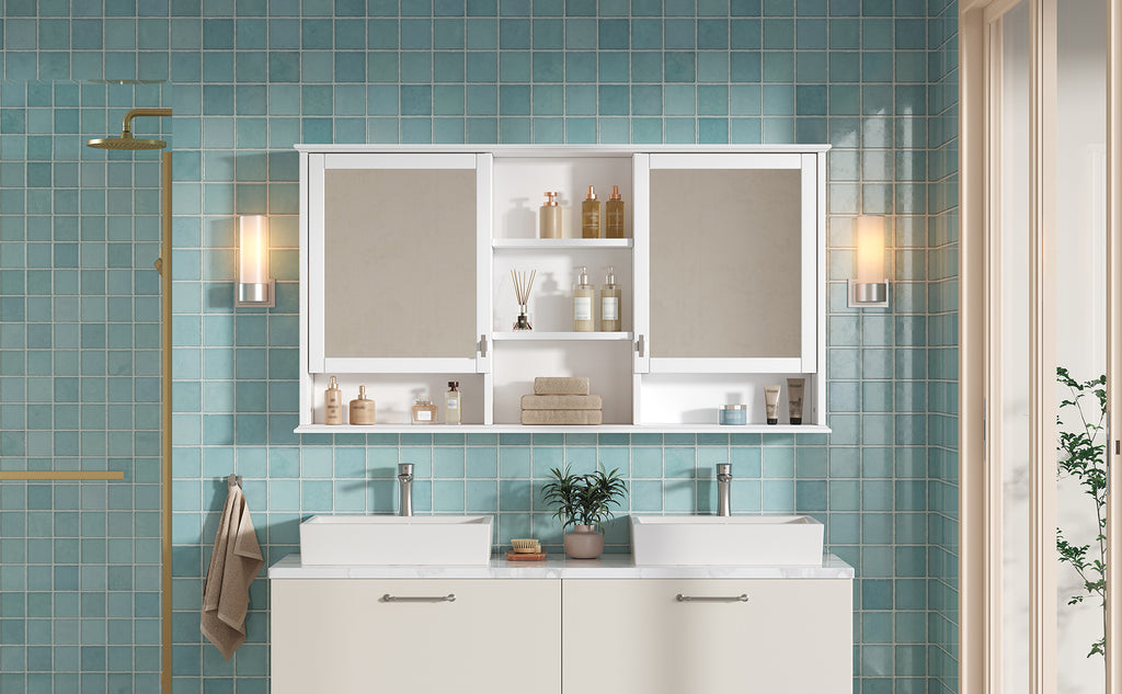 55-inch Wall-Mount Mirror Cabinet with Adjustable Shelves and Soft-Close Doors