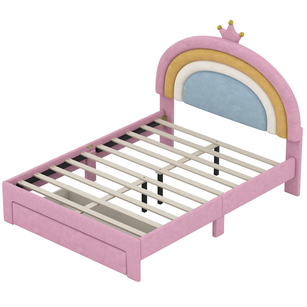 Full Size Upholstered Rainbow Velvet Platform Bed with Storage Drawer – Pink