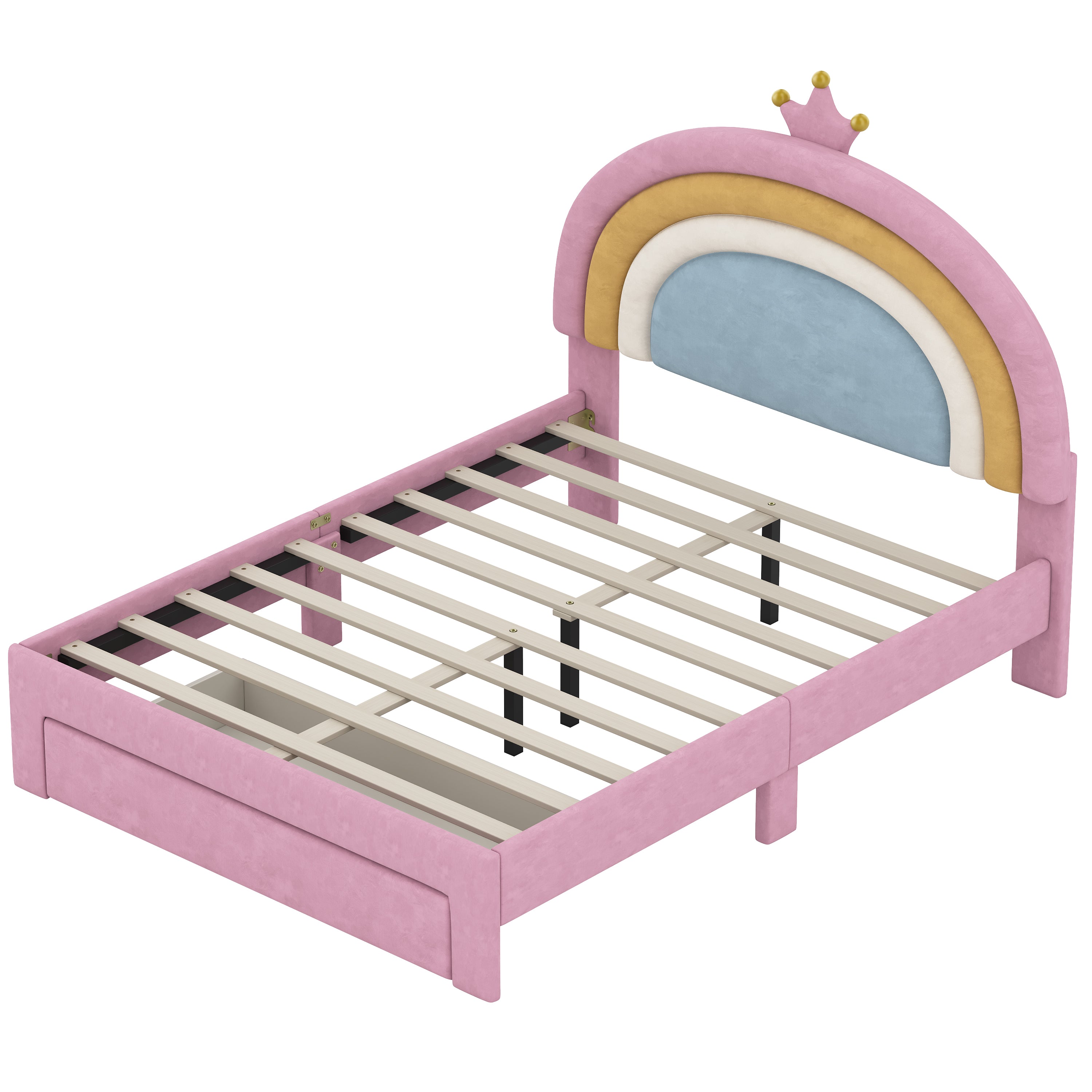 Full Size Upholstered Rainbow Velvet Platform Bed with Storage Drawer – Pink
