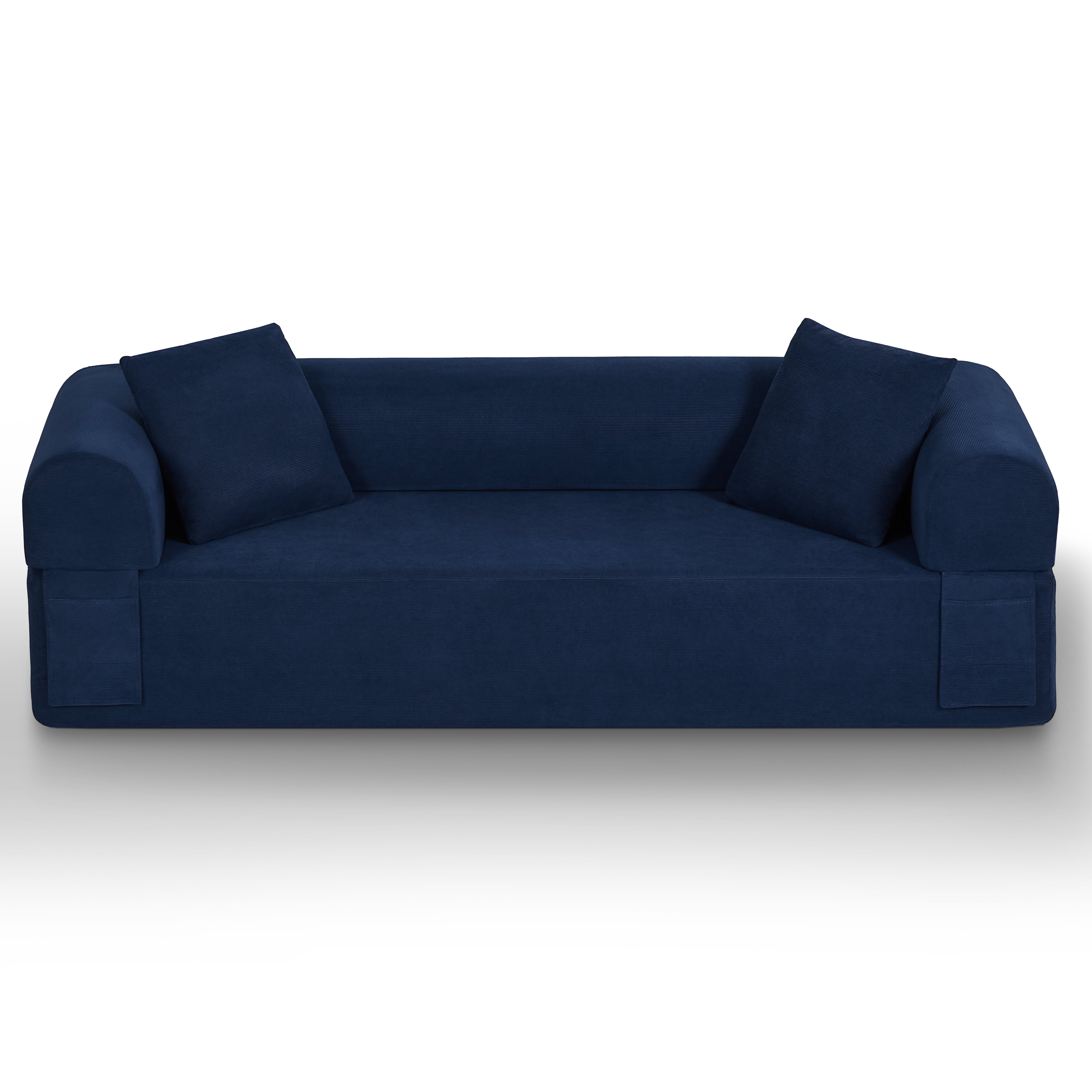 Front view of a blue 3-seat corduroy sofa in a modern living room setting Main image