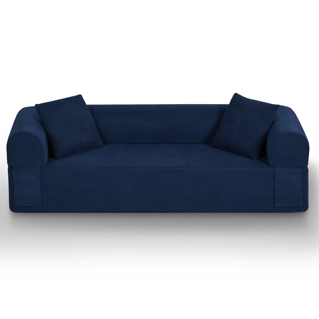 Front view of a blue 3-seat corduroy sofa in a modern living room setting