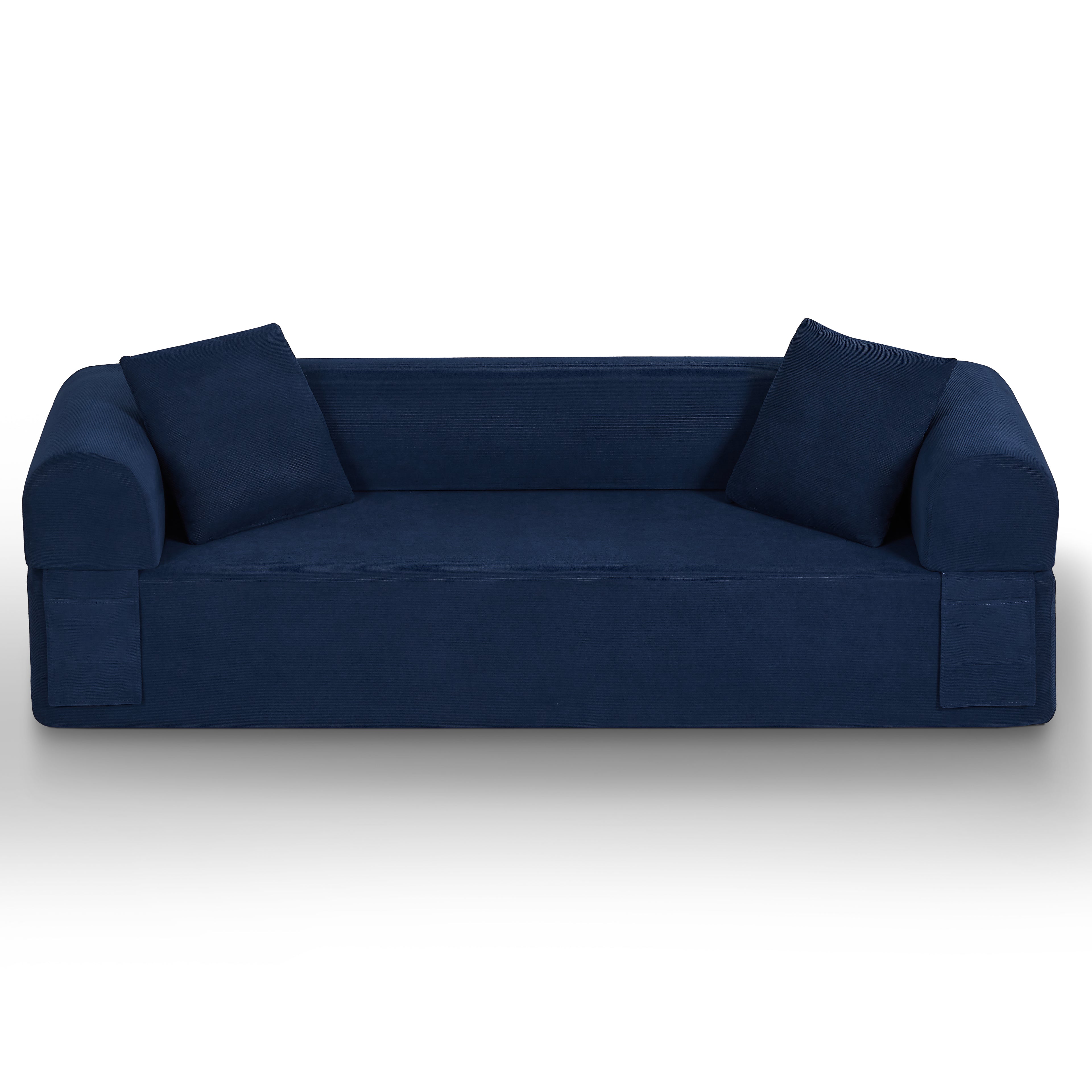 Front view of a blue 3-seat corduroy sofa in a modern living room setting