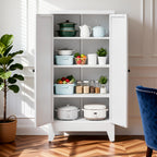 Front view of a white metal freestanding pantry cabinet with four adjustable shelves and rounded handles
