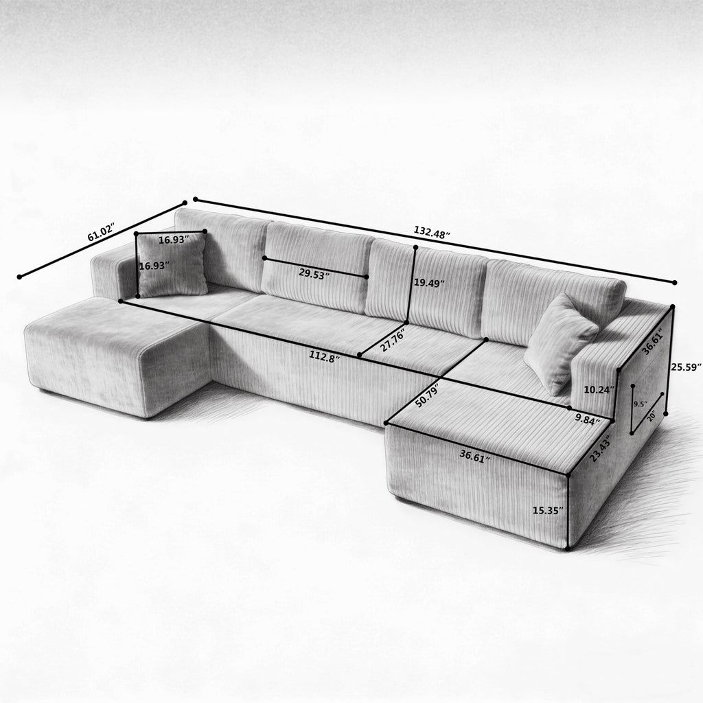 132" U-Shaped Modular Sectional Sofa in Black Corduroy – 6-Seat, Foam & Pocket Spring Cushioning