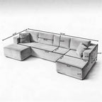 132" U-Shaped Modular Sectional Sofa in Black Corduroy – 6-Seat, Foam & Pocket Spring Cushioning