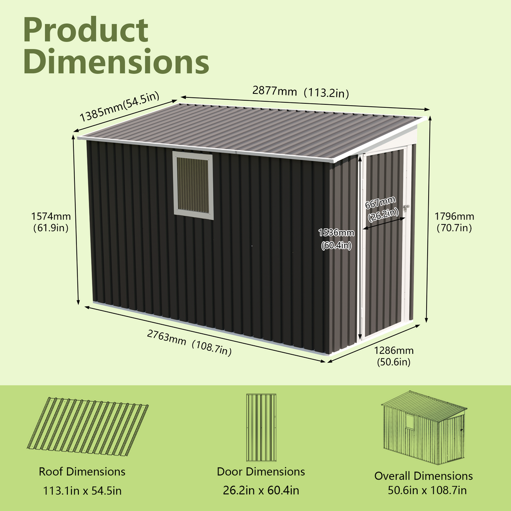 4 ft x 9 ft Metal Garden Shed with Hinged Door and Fixed Window