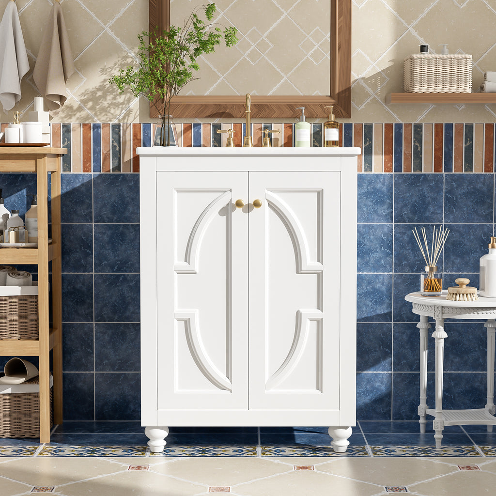 24-inch Modern White Bathroom Vanity with Ceramic Sink and Soft-Close Hinges