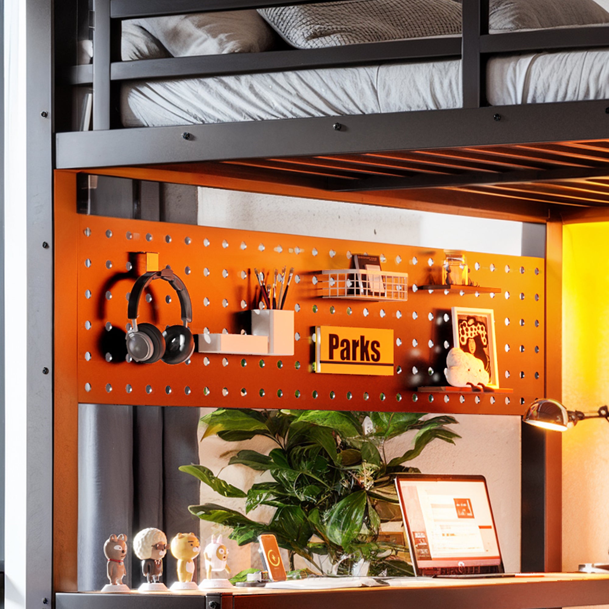 Full Size Metal Loft Bed with Desk, Shelves, USB Ports & Lights – Black - product detail image 8