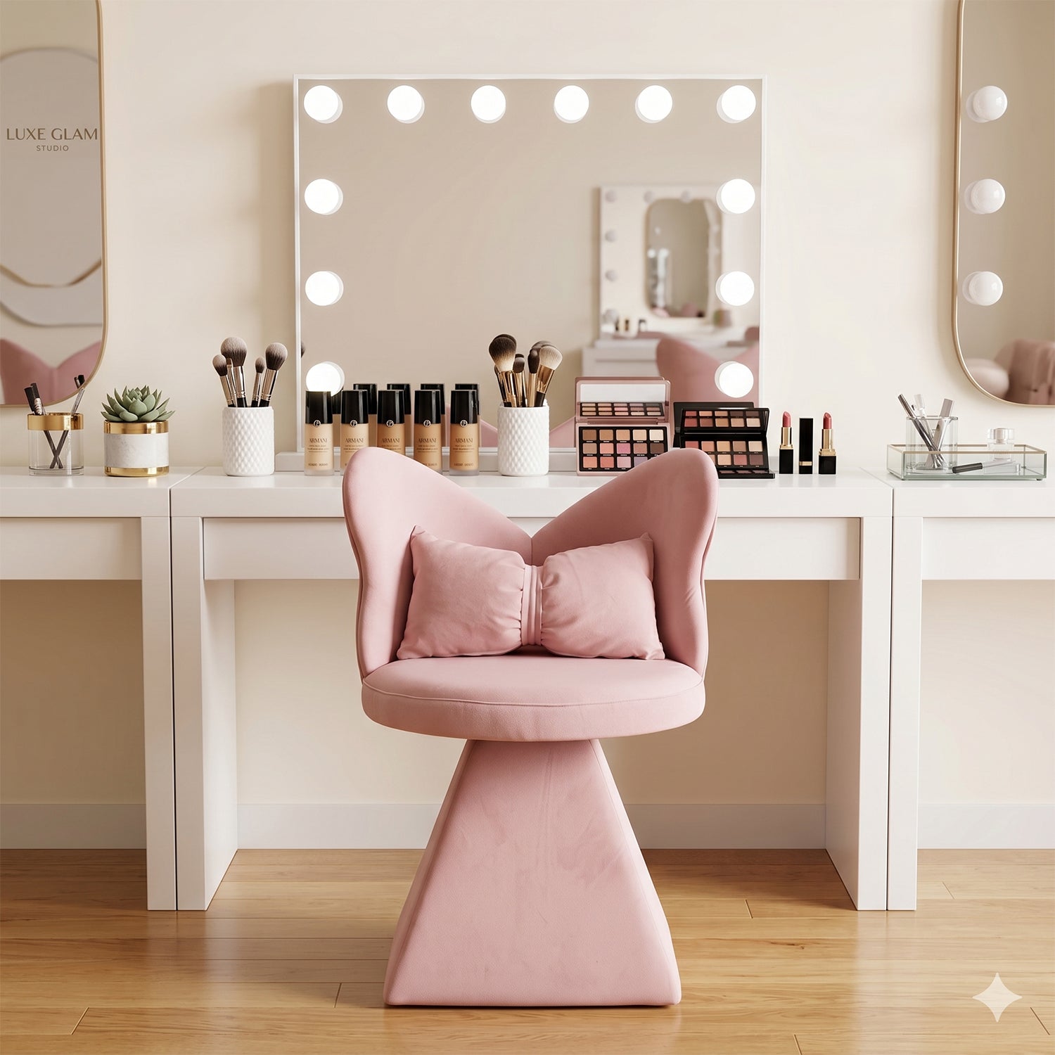 Pink Butterfly Back Swivel Vanity Chair with Triangular Base