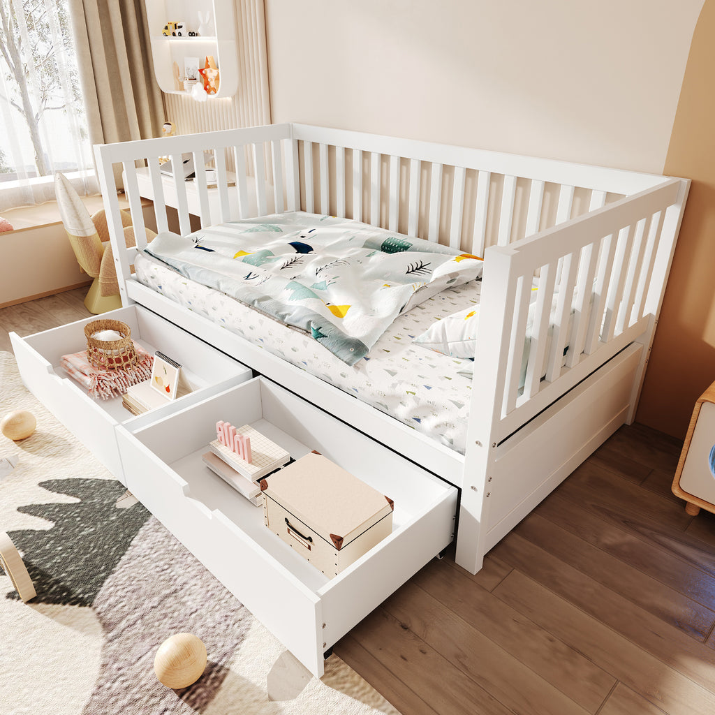 3-in-1 Convertible Toddler Bed with Storage Drawers, Solid Wood Daybed, White