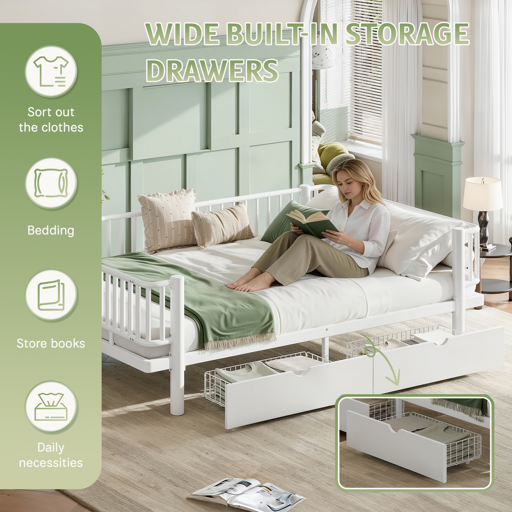 Queen Platform Bed with Storage Drawers, Low-Profile Metal Frame in White
