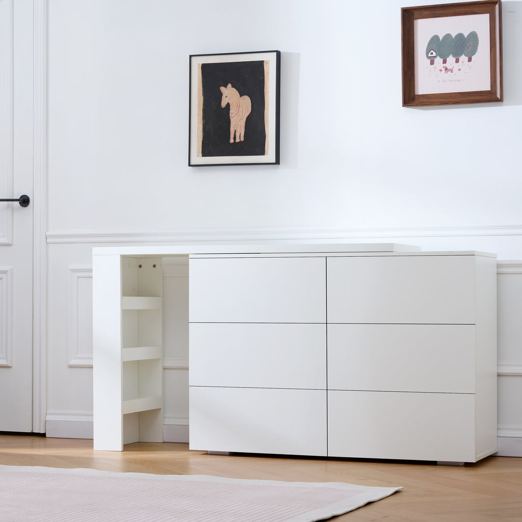 6-Drawer L-Shaped Vanity Dresser Combo with Wide Desktop – White Modern Bedroom Dressing Table