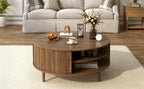 Top-down view showing the round tabletop with wood wave grain pattern