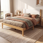 Mid-Century Modern King Platform Bed Frame with Upholstered Headboard, No Box Spring Needed