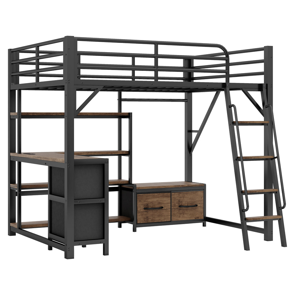 Full Size Metal Loft Bed with Desk, LED Light & Storage Shelves