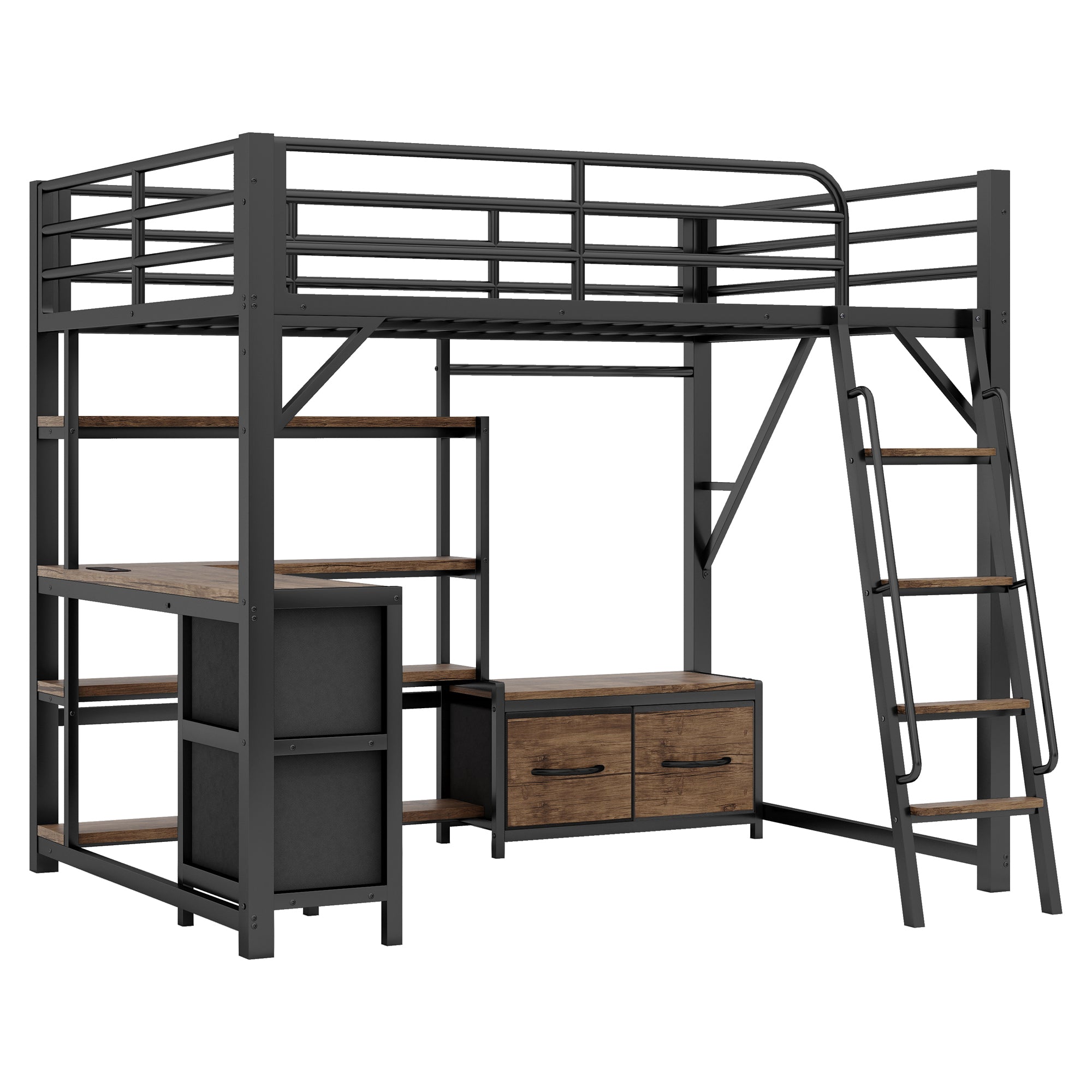 Full Size Metal Loft Bed with Desk, LED Light & Storage Shelves