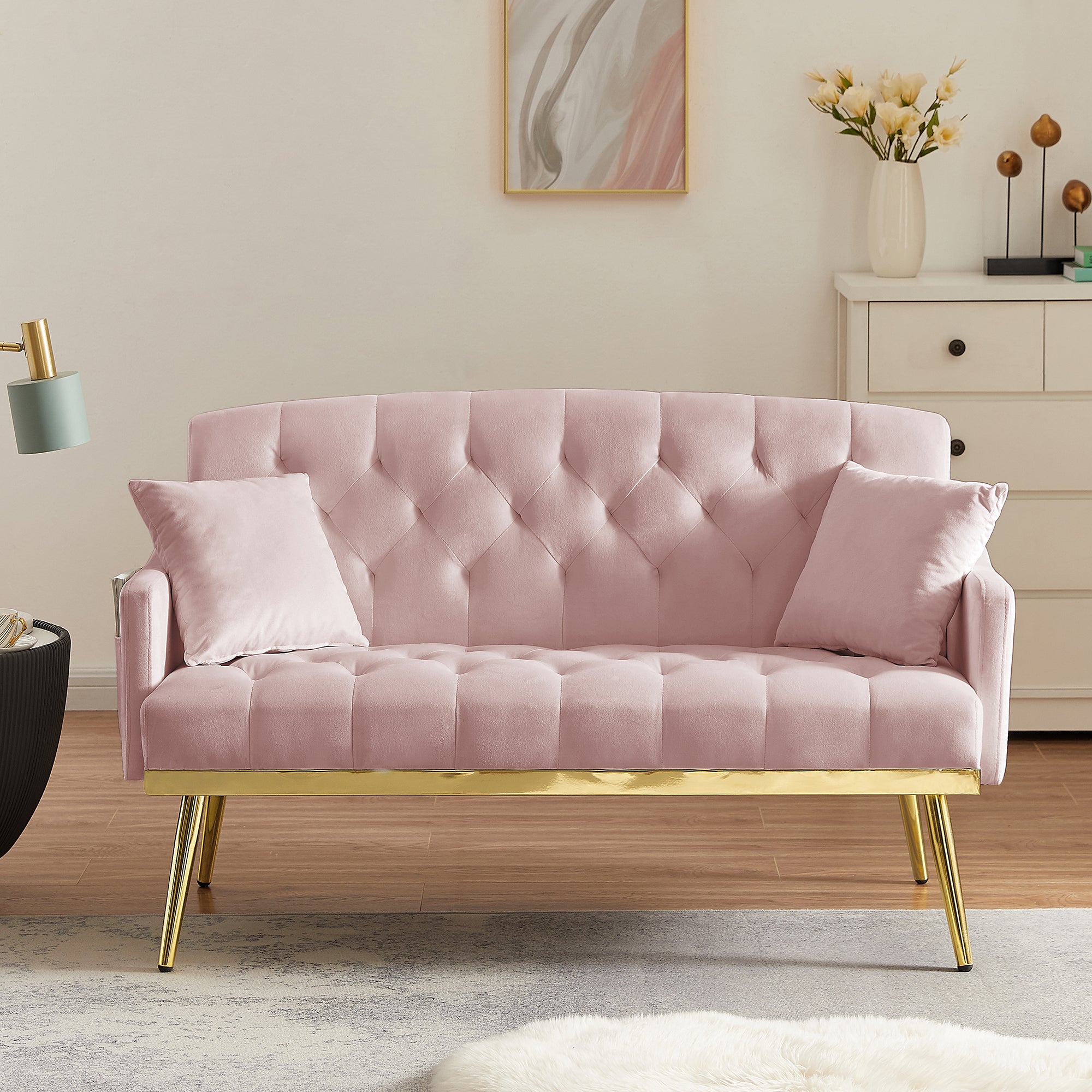 Pink Velvet 2-Seat Small Sofa with Gold Metal Legs